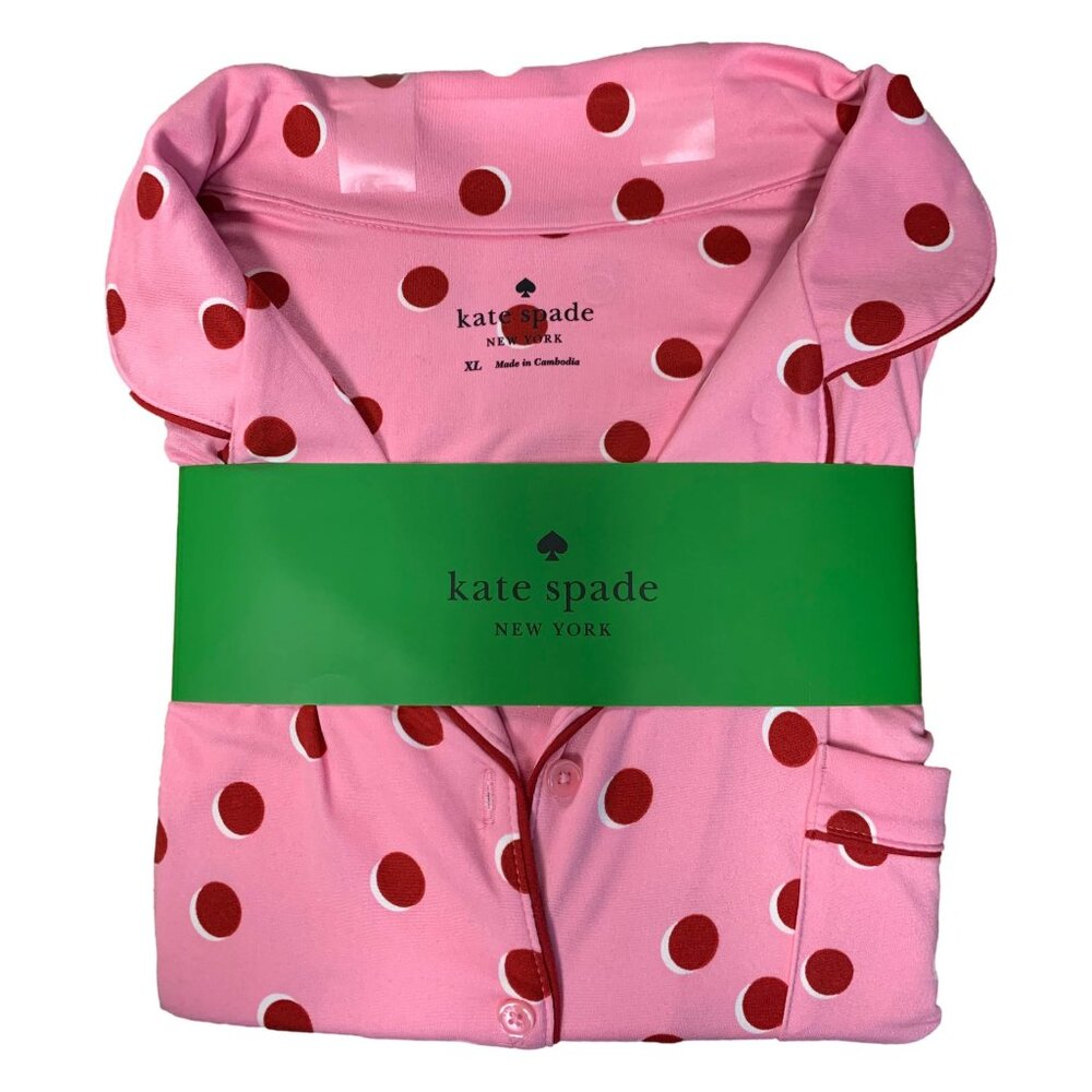 Kate Spade New York Women's 2PC Notch Pajama Set Jersey Pink w/Red Dots Size XL
